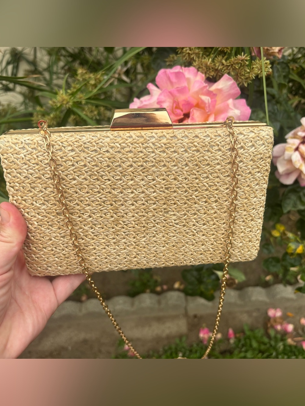 Woven Straw Chain Clutch in Natural